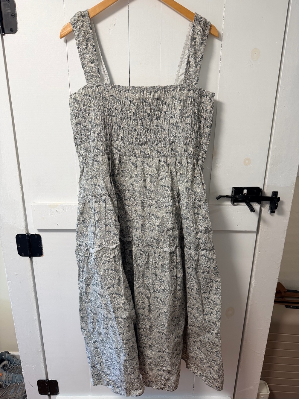 Smocked Floral Midi Dress in Blue and White